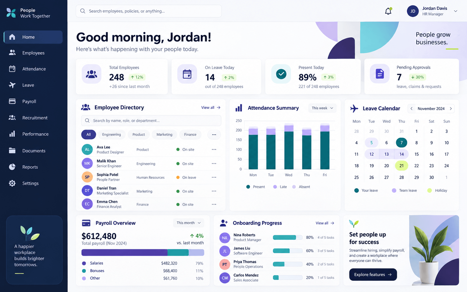 HR and payroll workspace with employee, attendance and leave views